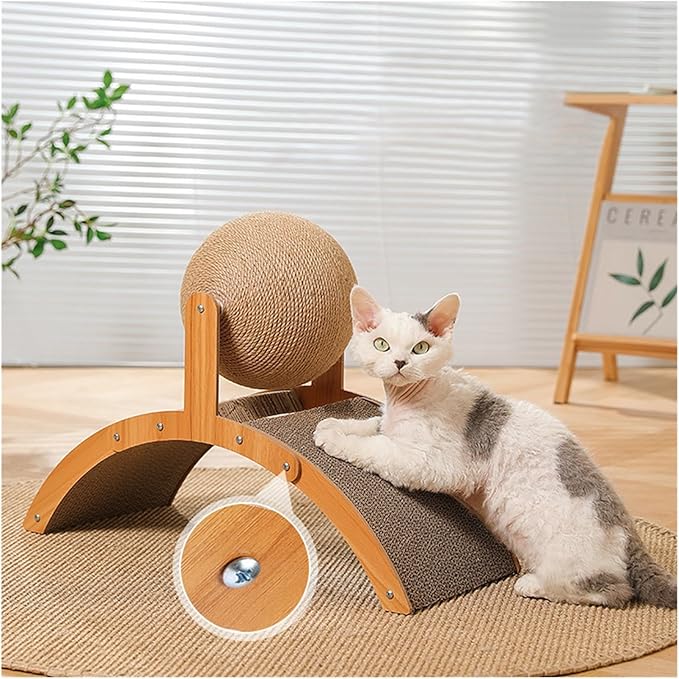 Griffoir en bois pour chat avec balle intégrée – Modèle MatouSphere