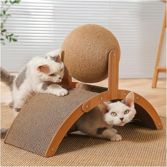 Griffoir en bois pour chat avec balle intégrée – Modèle MatouSphere