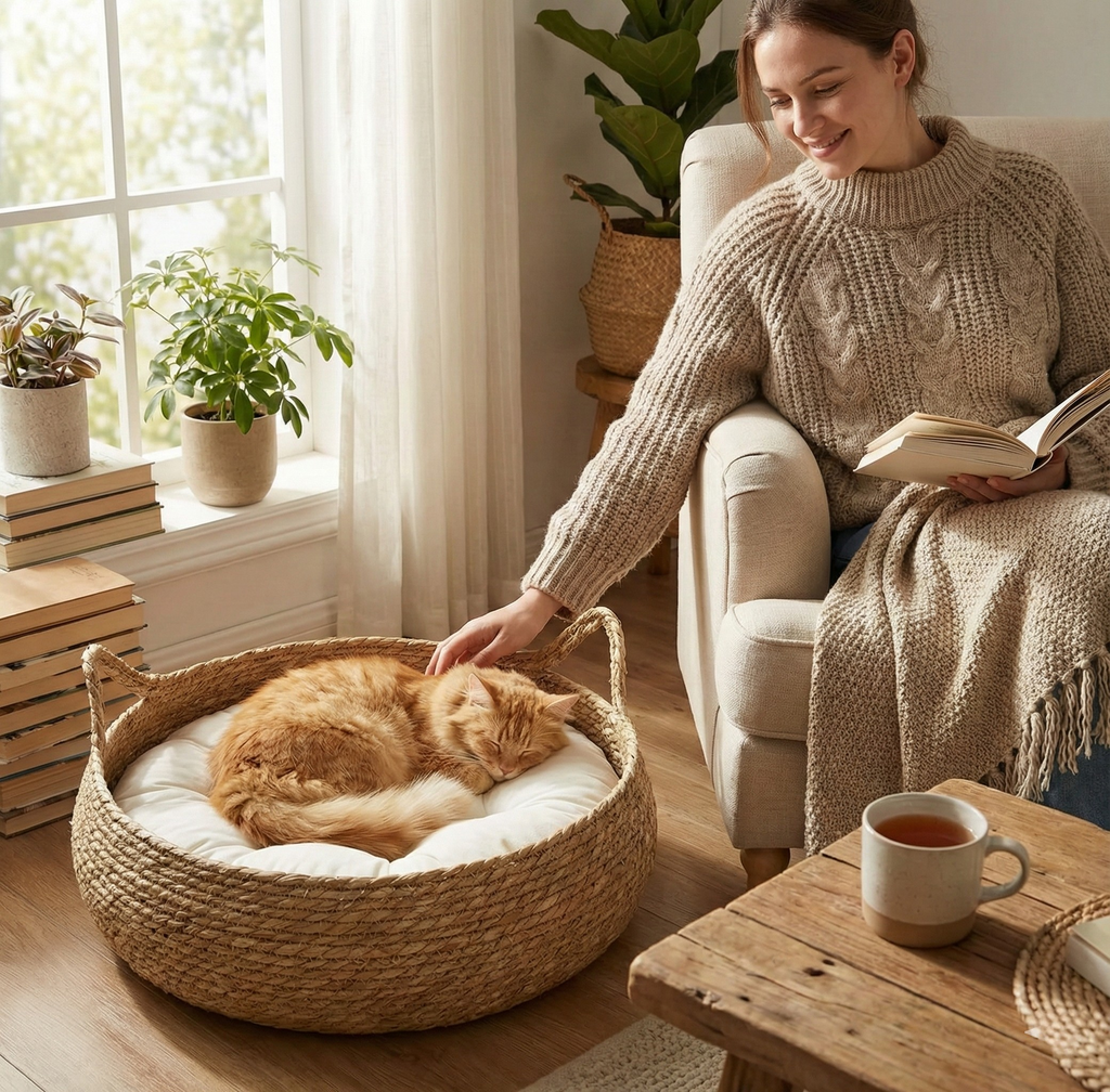 Panier pour chat en rotin tressé fait main – Modèle MatouRattan