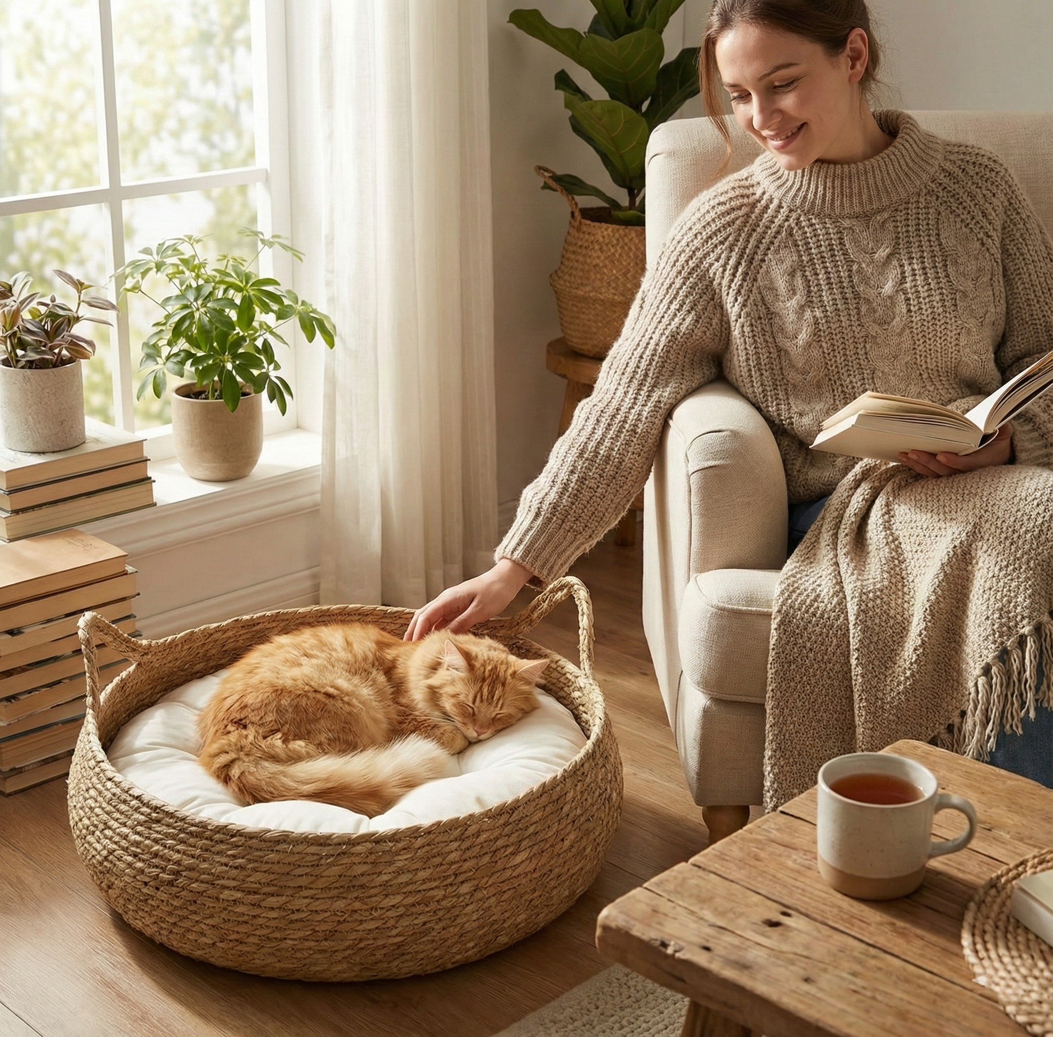 Panier pour chat en rotin tressé fait main – Modèle MatouRattan