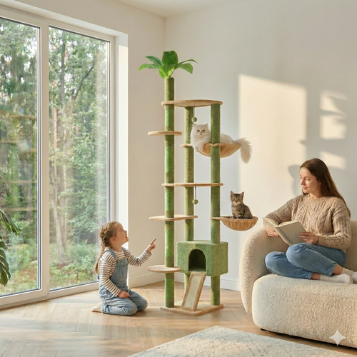 Arbre à chat cactus plafond réglable en bois – Modèle MatouCactus